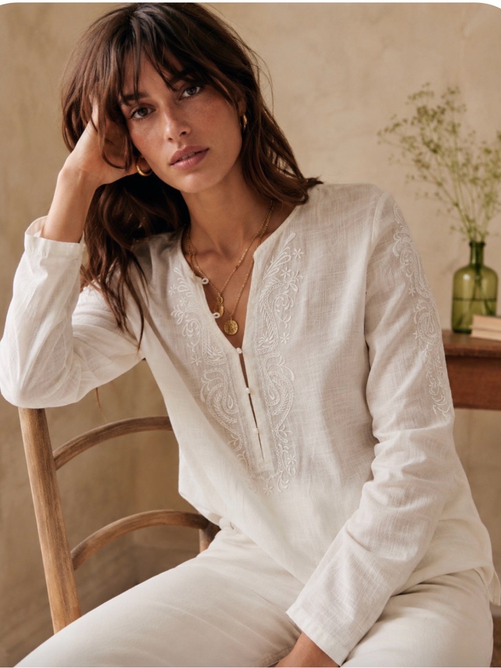 J. Crew Cream Embroidered Long-Sleeve Tunic